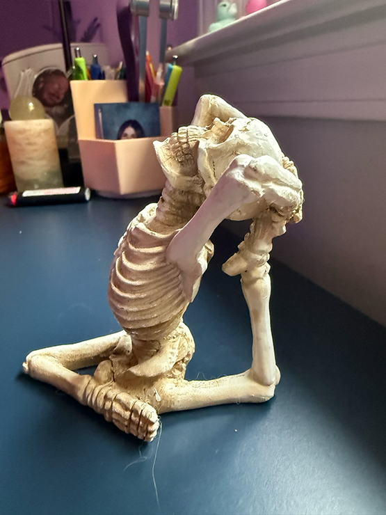 skeleton in eka pada rajakapotasana — the seed image behind the chrrybmb hero